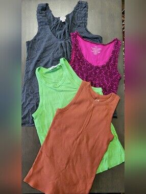 Faded Glory Pink Leopard Tank with Rust & Neon Green Ribbed Tanks, And Grey Tank